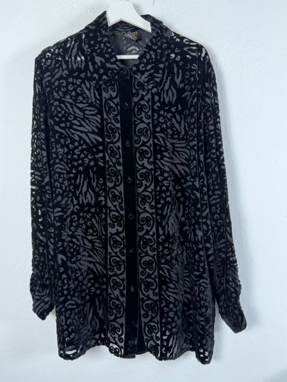 Corey B. New York Womens Black Burnout Velvet Long Sleeve Button-Up Shirt Top XL